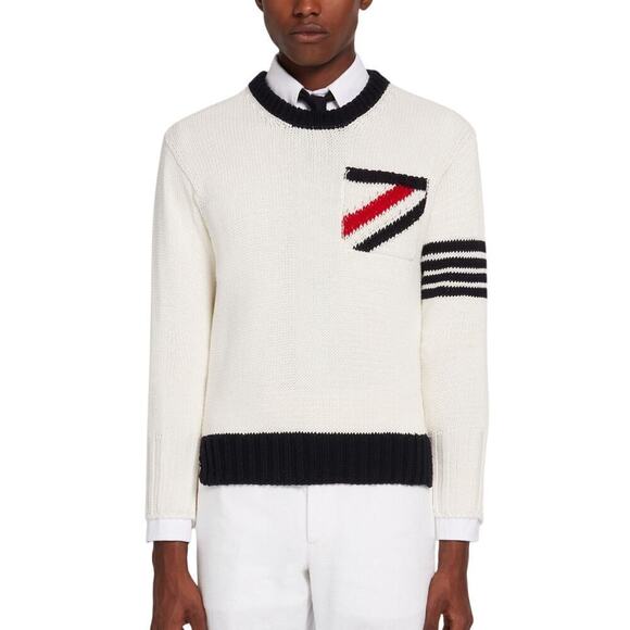 Thom Browne Cotton Jersey Pocket 4-Bar Stripe Crew Neck Sweater White Size S - Picture 1 of 8